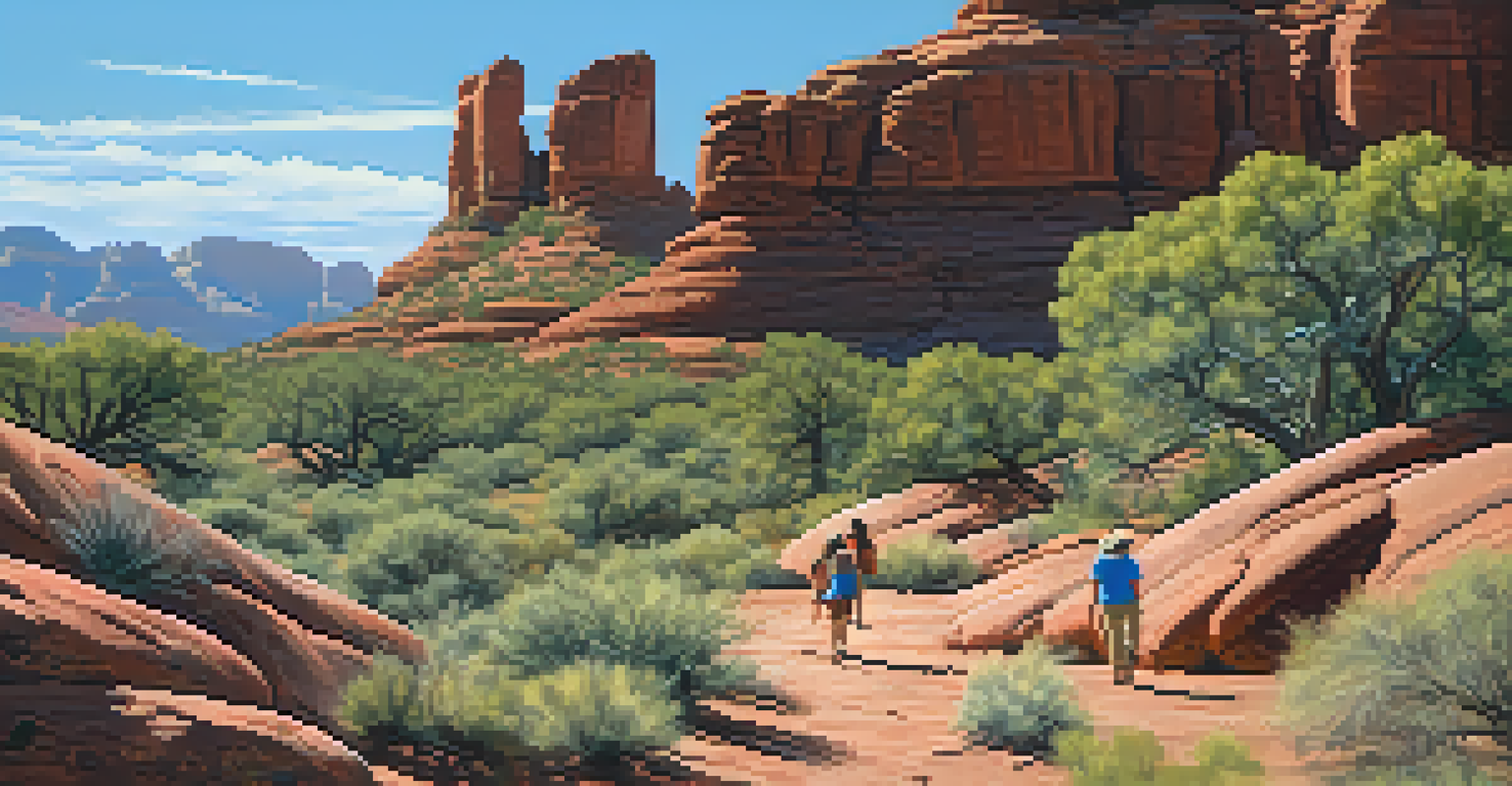 A family enjoying rock scrambling at Bell Rock, surrounded by red rock formations and desert plants under a bright blue sky.