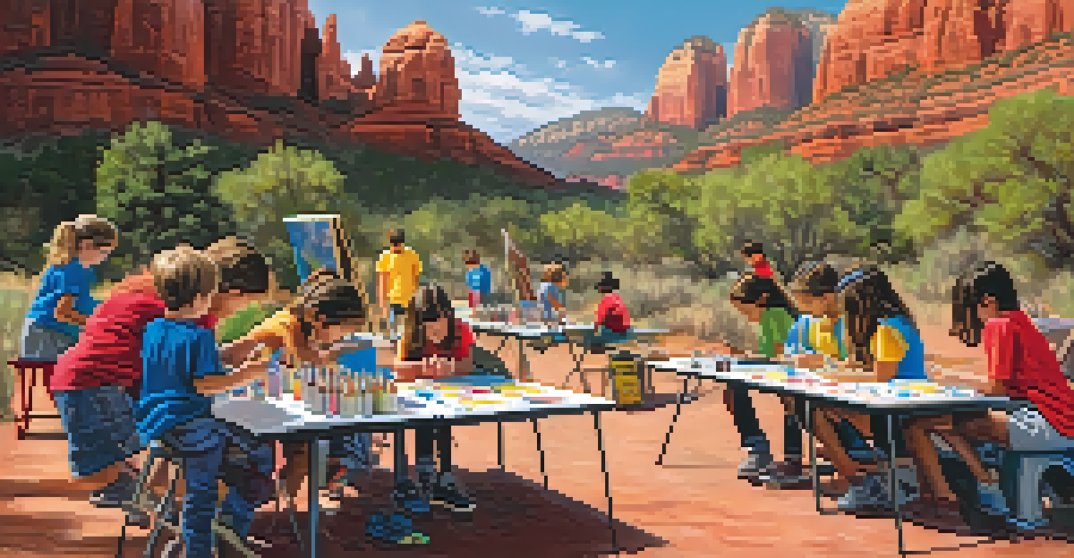 Children at an outdoor art workshop in Sedona, painting with vibrant colors against a backdrop of red rock formations.