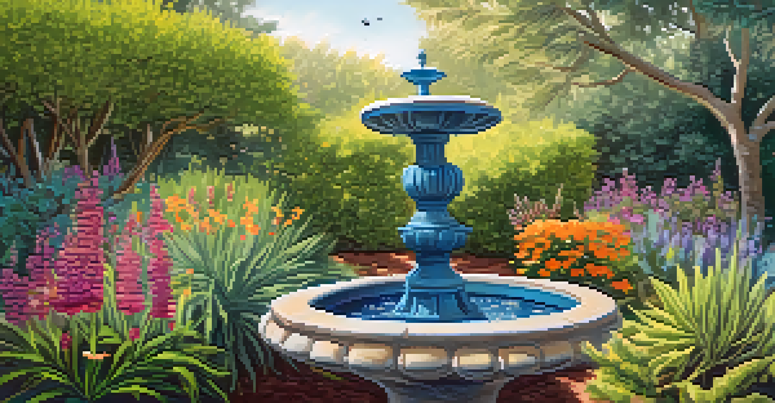A close-up of a native plant garden with a birdbath and colorful flowers attracting butterflies.