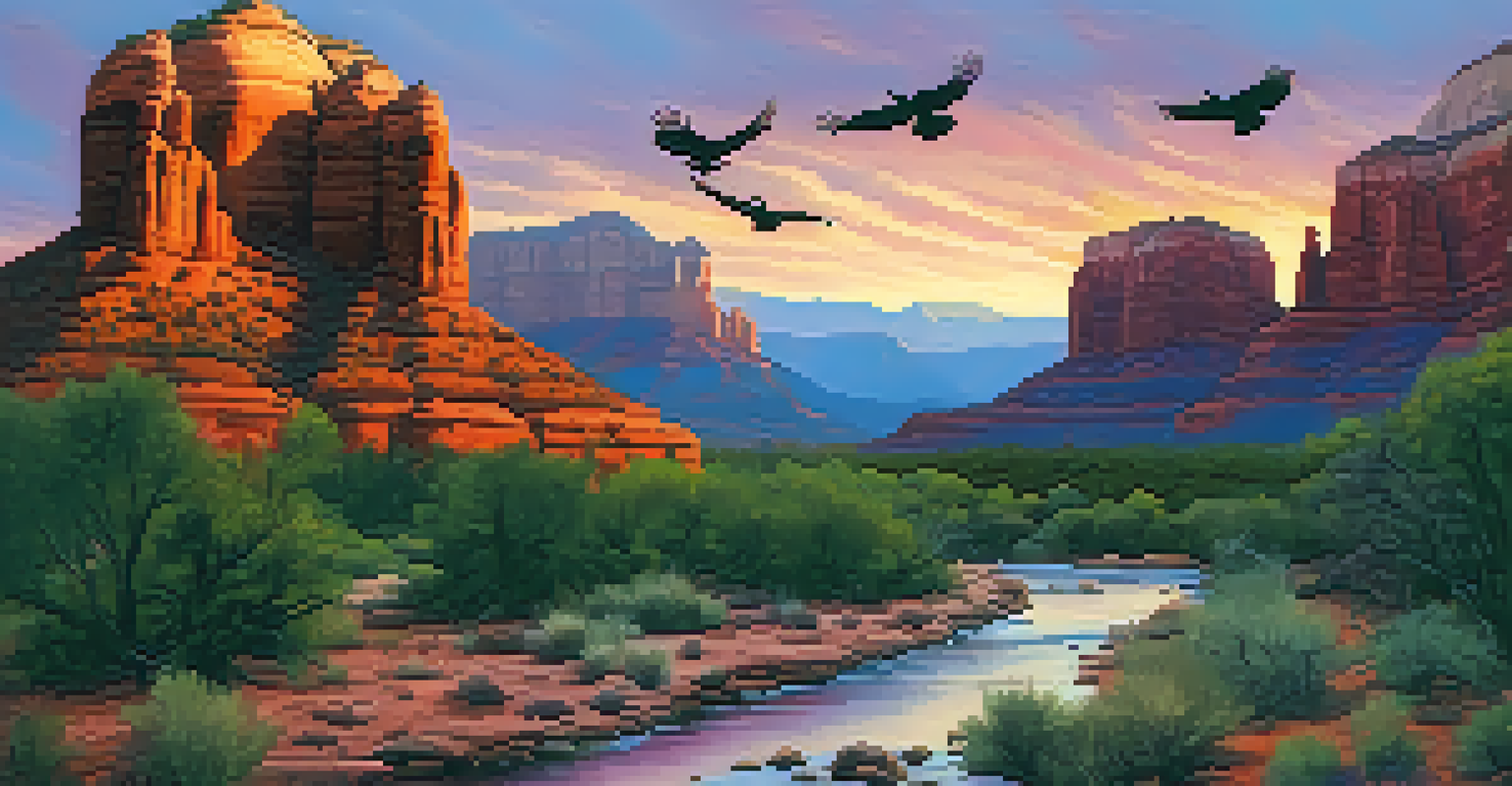 A stunning sunset in Sedona with birds flying over red rock formations and a flowing stream.