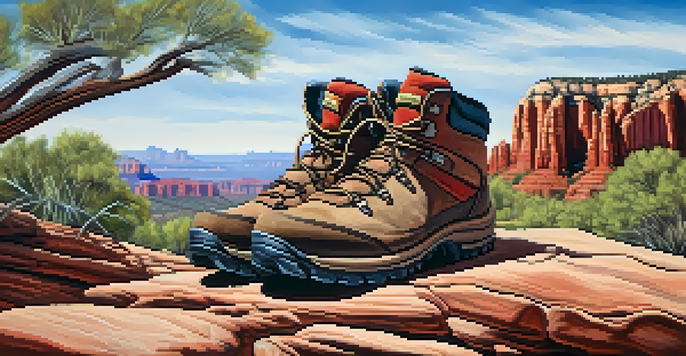 A close-up of hiking boots on a rocky trail with red rock formations in the background under a clear blue sky.