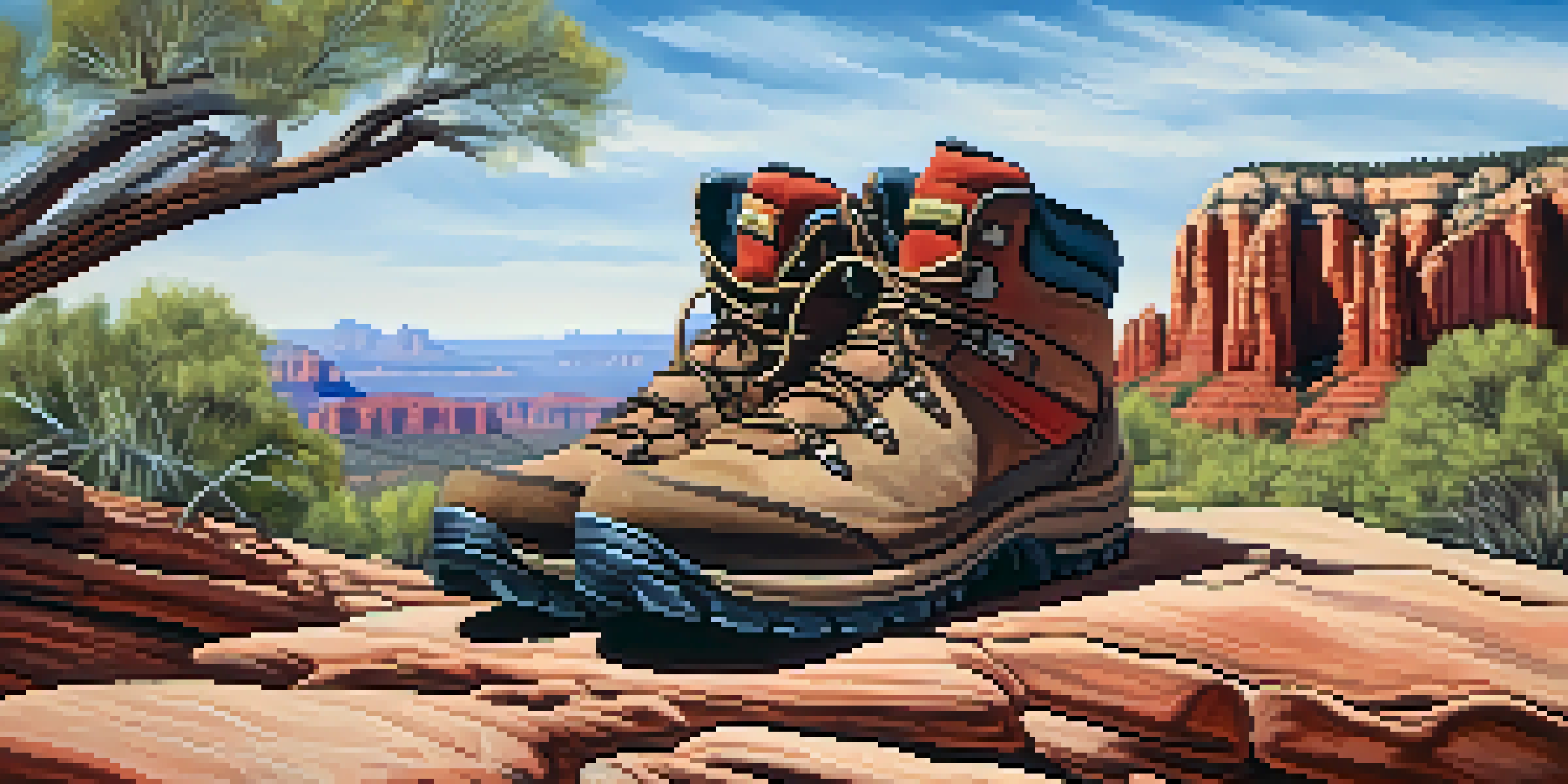 A close-up of hiking boots on a rocky trail with red rock formations in the background under a clear blue sky.