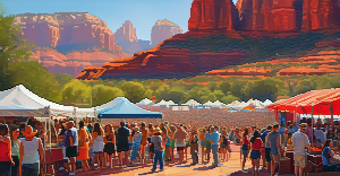 An outdoor music festival in Sedona with musicians on stage, red rock formations in the background, and a lively audience enjoying the event at sunset.