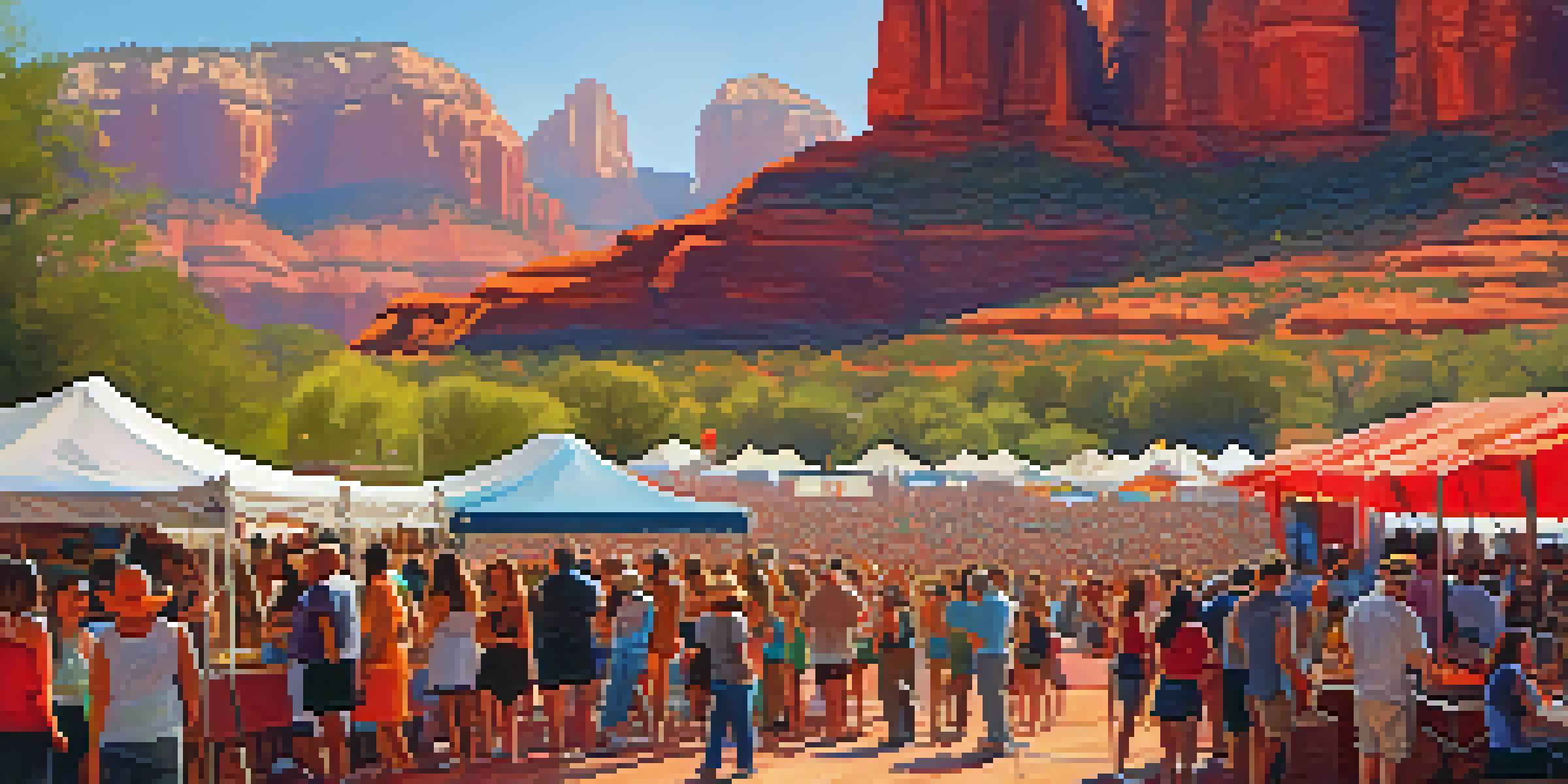 An outdoor music festival in Sedona with musicians on stage, red rock formations in the background, and a lively audience enjoying the event at sunset.
