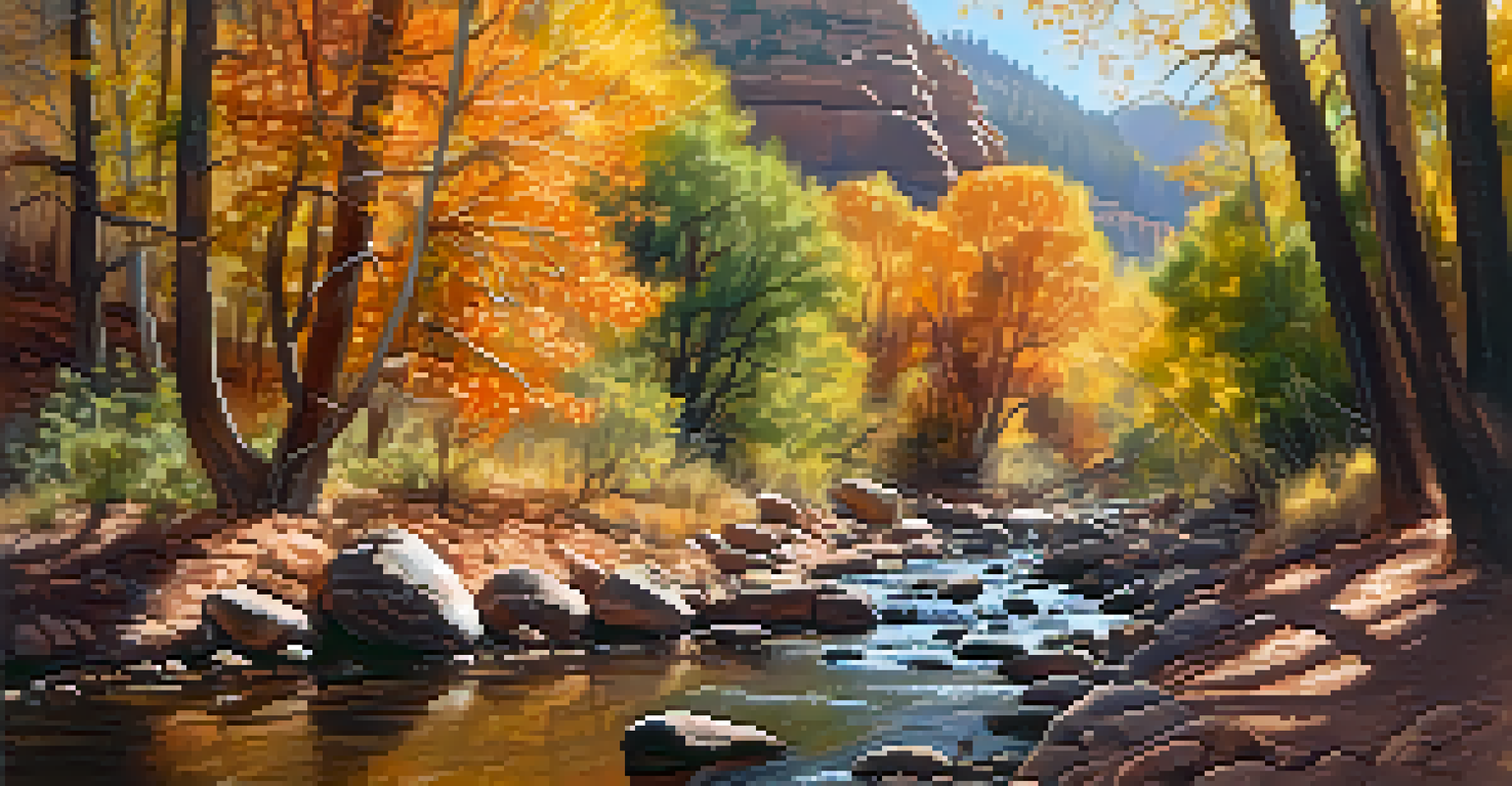 A colorful fall landscape in Sedona with the West Fork of Oak Creek, surrounded by autumn foliage.