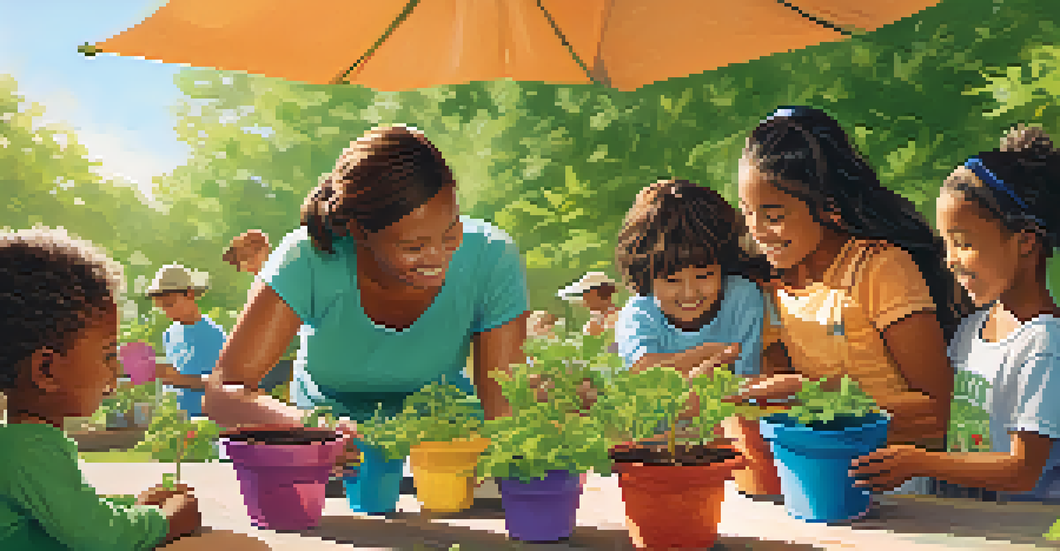A family engaged in a gardening workshop at Sedona's Eco-Fest, with children planting seeds in colorful pots and surrounded by greenery.