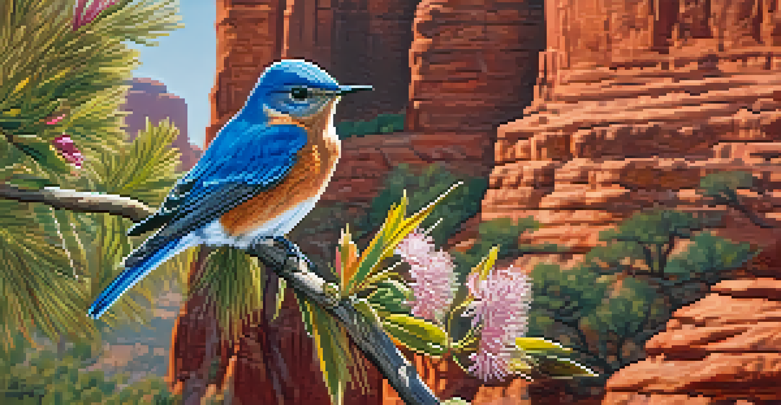 A western bluebird on a branch with red rock cliffs in the background.