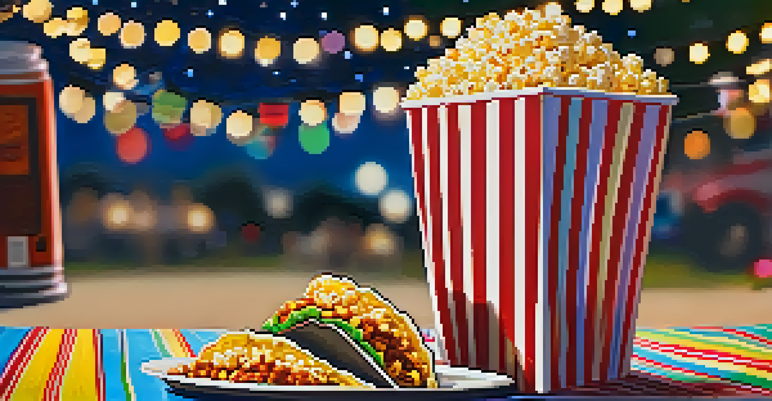 A popcorn bucket and a colorful taco plate on a picnic blanket during an outdoor movie night, with soft fairy lights above.