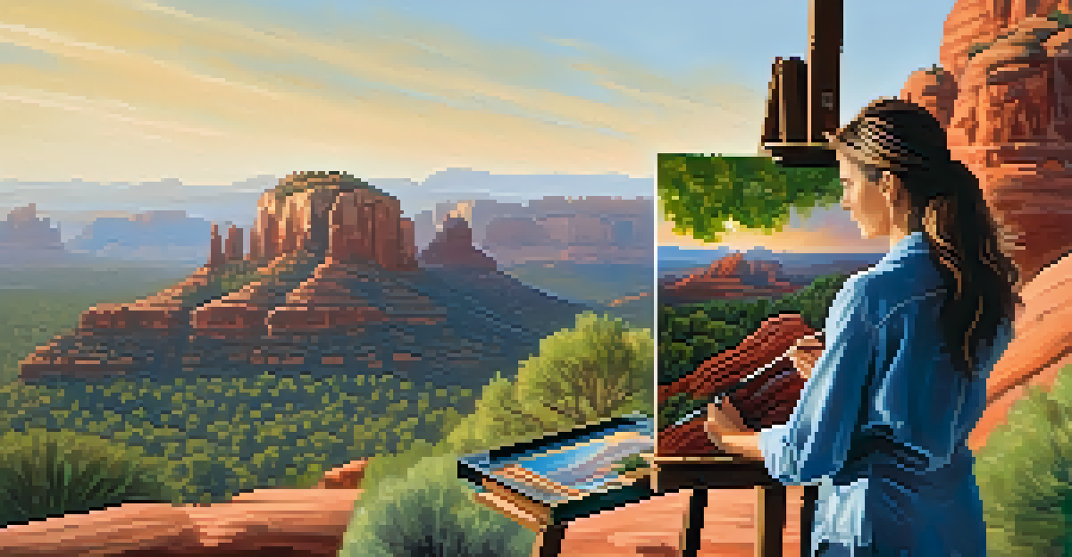 An artist painting the Sedona landscape on an easel with red rocks and greenery in the background.