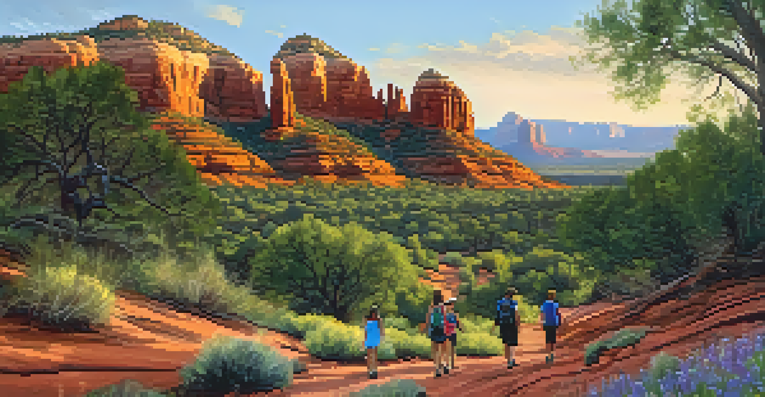Families hiking on Bell Rock Trail in Sedona surrounded by wildflowers and the Bell Rock formation.