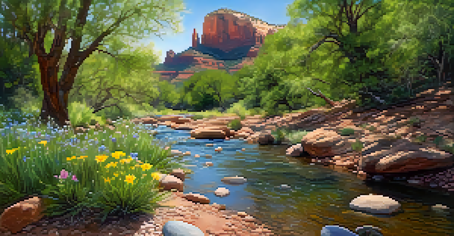 A serene spring landscape in Sedona with colorful wildflowers and a flowing stream under a bright blue sky.