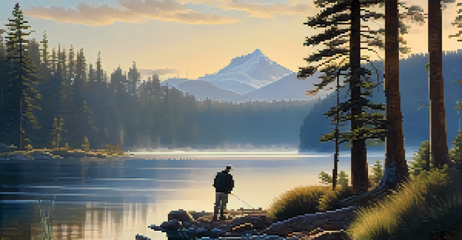 A peaceful early morning fishing scene at Upper Lake Mary with misty waters and an angler casting a line.