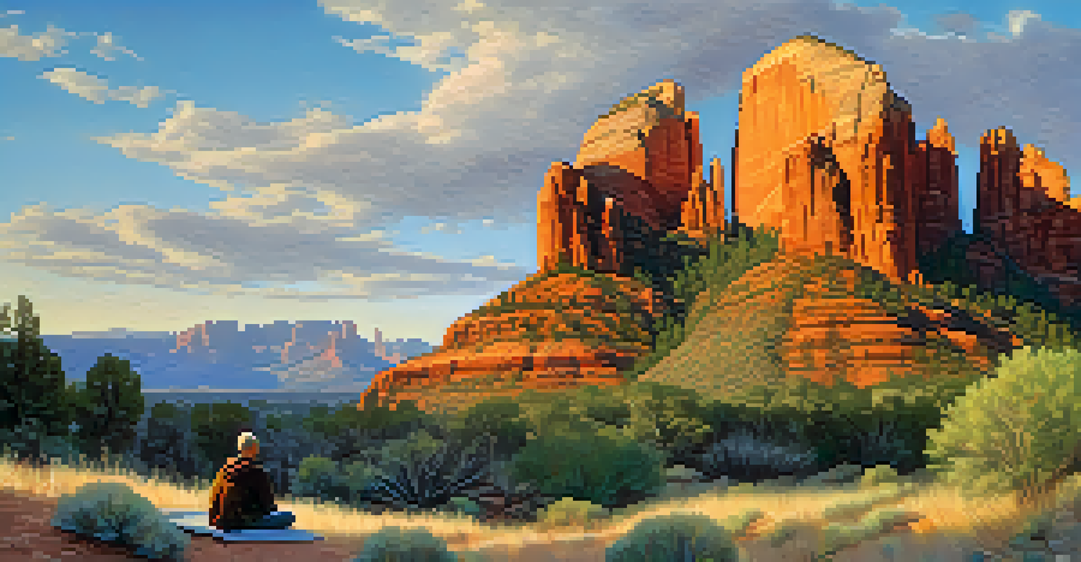 A person meditating on a rock ledge at Cathedral Rock in Sedona, Arizona, with the beautiful landscape and soft morning light around them.