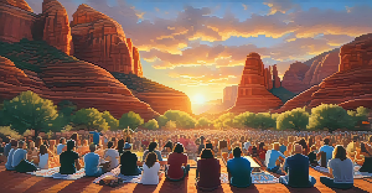 An outdoor concert in Sedona with musicians performing at sunset, audience members enjoying the ambiance on picnic blankets.