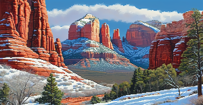 A winter landscape showing Sedona's iconic red rock formations covered in snow, with a clear blue sky and a rocky trail in the foreground.