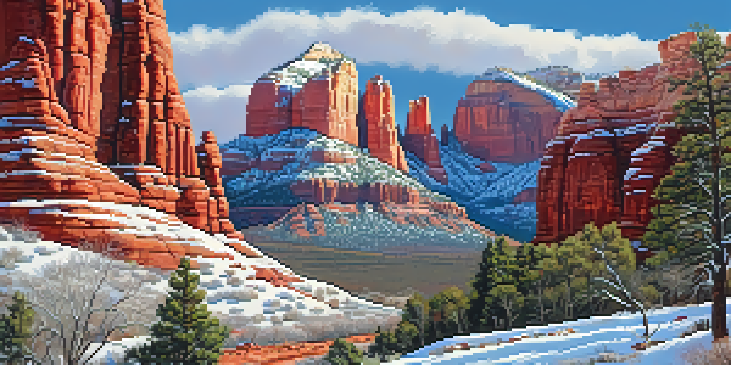 A winter landscape showing Sedona's iconic red rock formations covered in snow, with a clear blue sky and a rocky trail in the foreground.