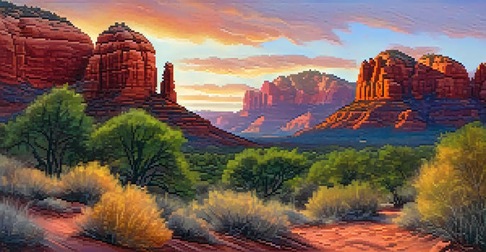 A picturesque view of Sedona's red rock formations during sunset, with a hiking trail and vibrant sky colors.