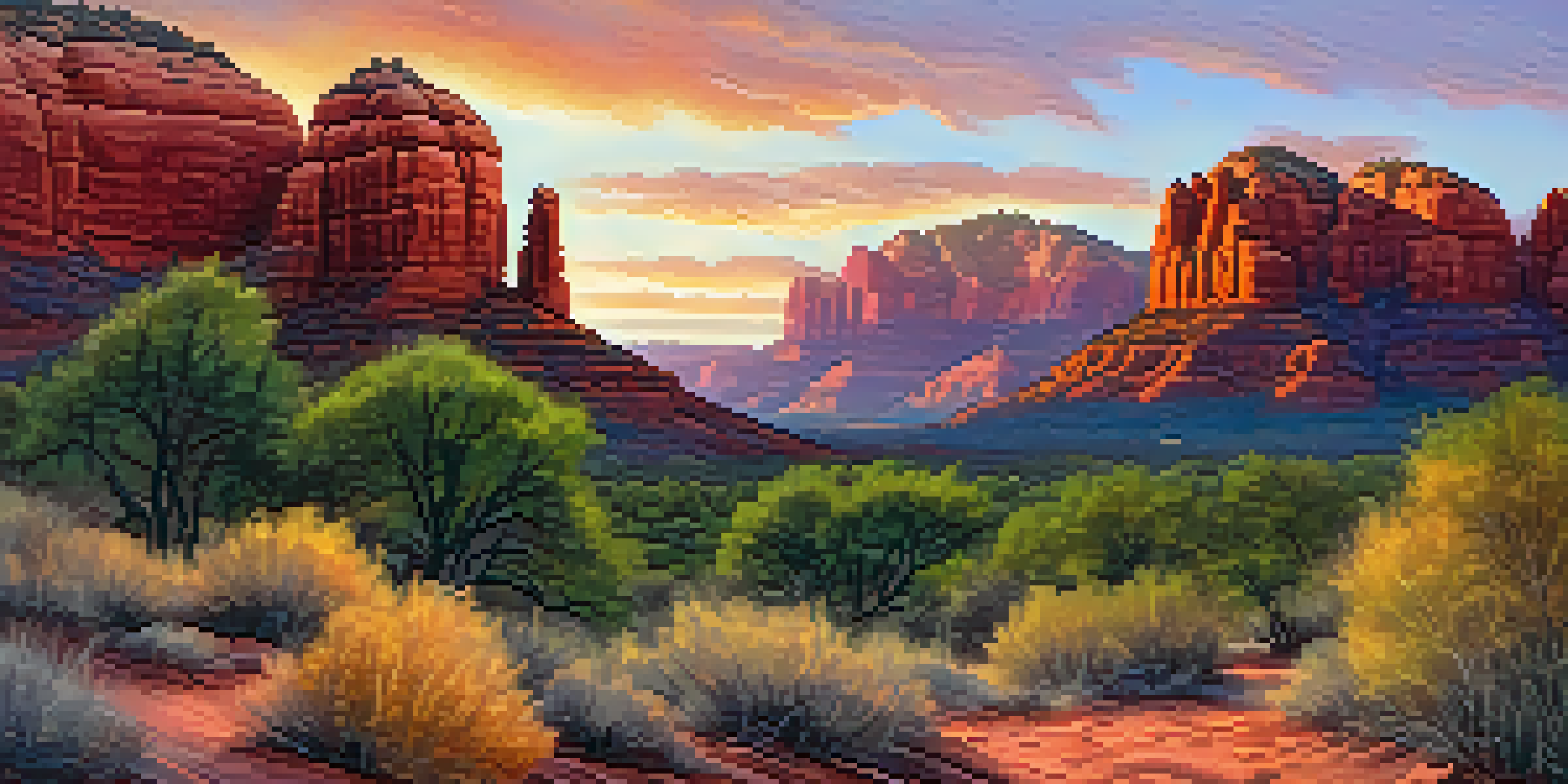 A picturesque view of Sedona's red rock formations during sunset, with a hiking trail and vibrant sky colors.