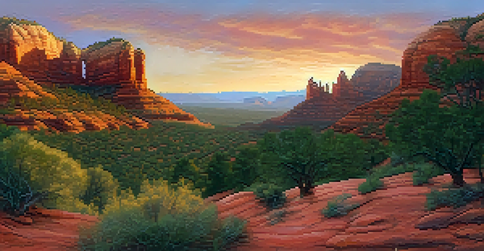 A scenic sunset view of Boynton Canyon in Sedona, with red rocks and a ghostly silhouette of a child among the trees.