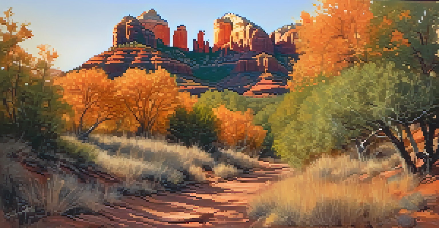 Hiking trail in Sedona during fall, with colorful trees and a view of Cathedral Rock in the distance.