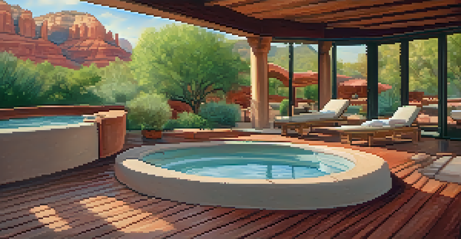 An outdoor spa area with a hot tub and yoga mats surrounded by greenery and red rock formations, illuminated by soft lighting.
