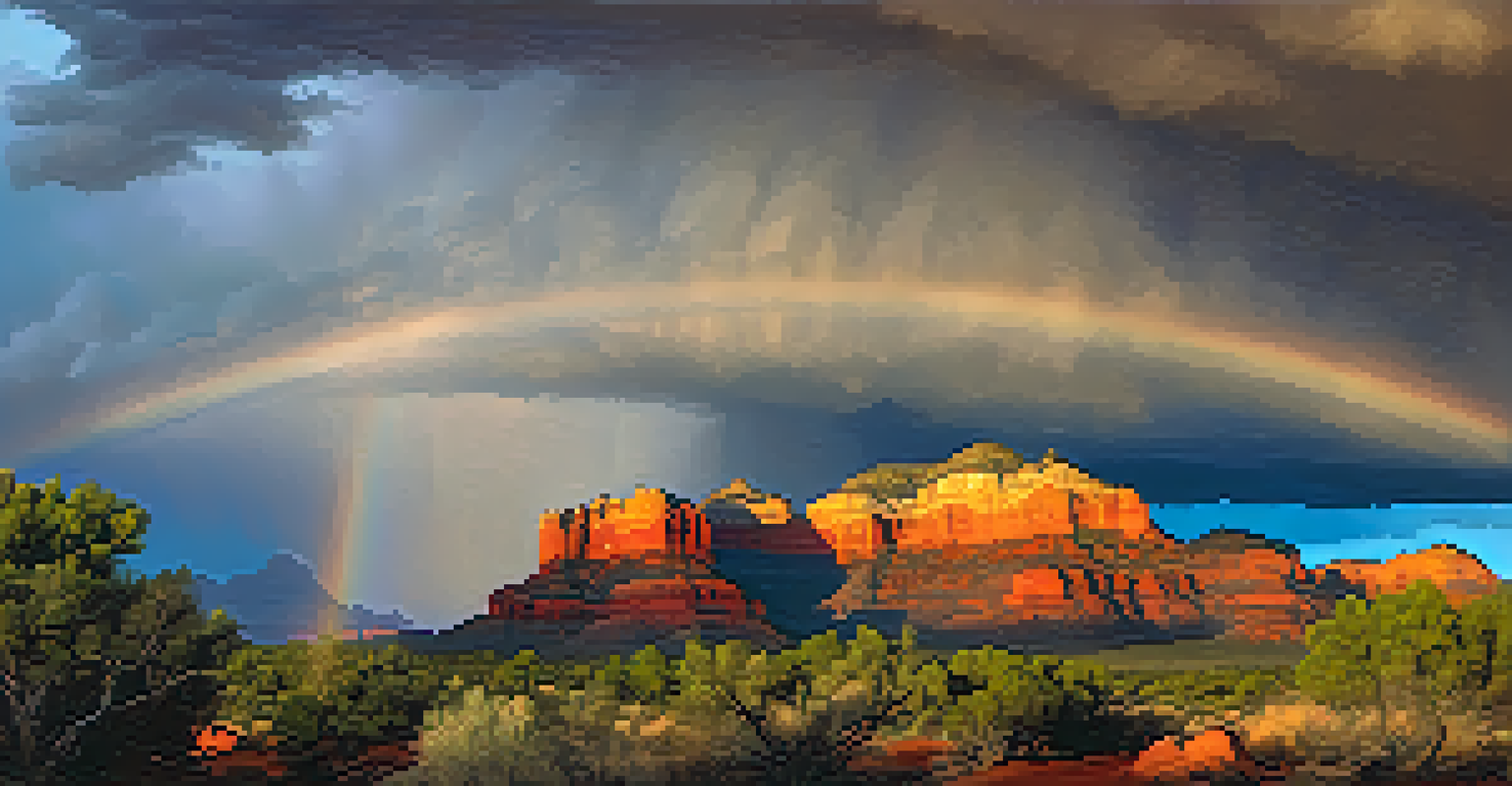 A dramatic scene of dark storm clouds over Sedona's red rocks with a rainbow in the sky, illustrating weather contrasts.