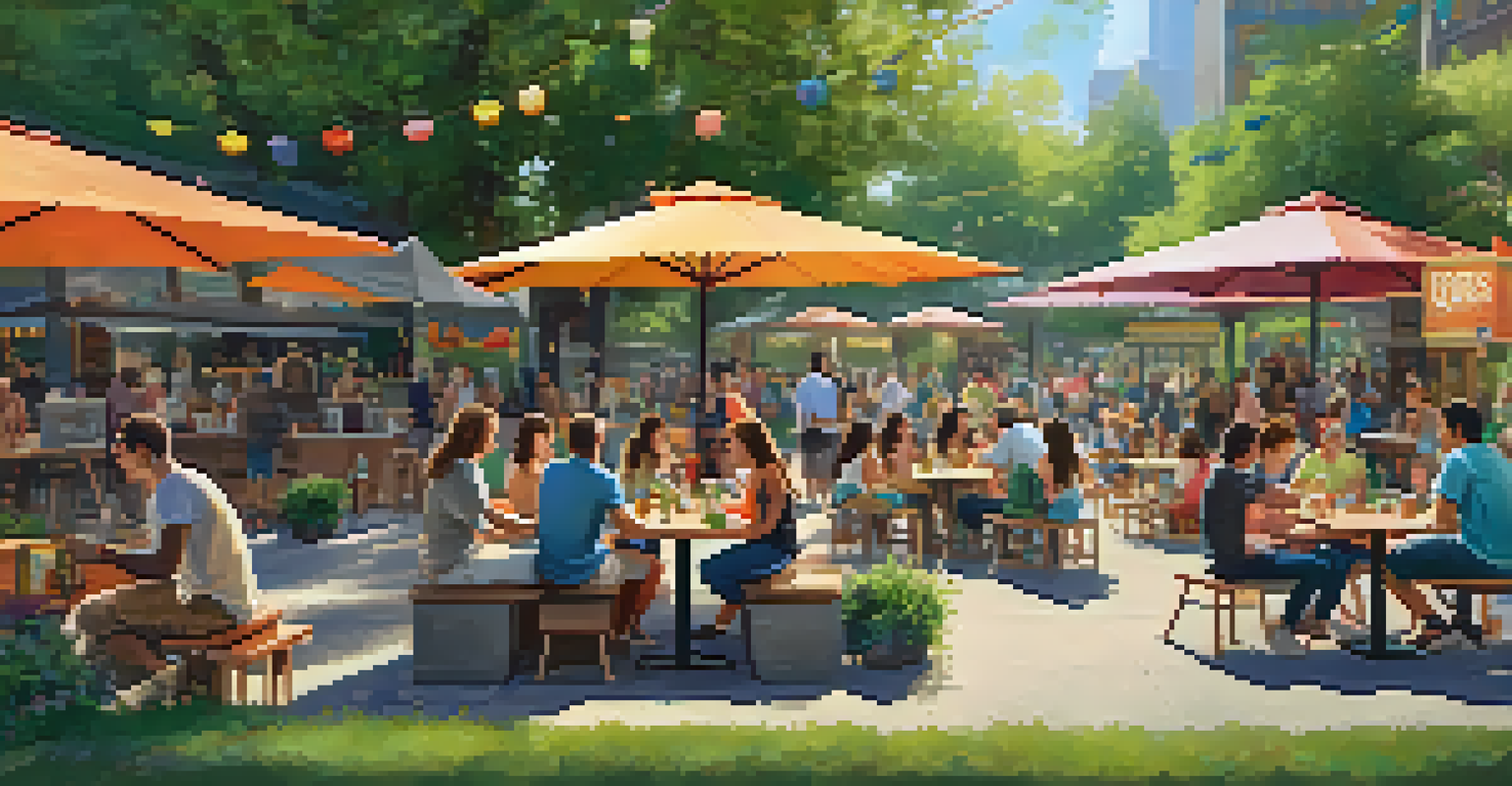 A family-friendly outdoor scene at The Beer Garden with lush greenery, children playing games, and parents enjoying drinks at tables.