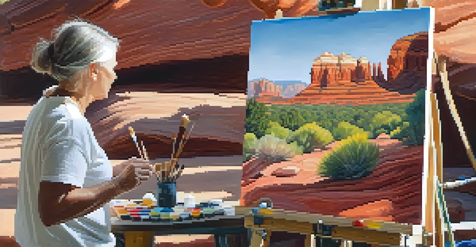 A local artist painting a landscape with red rock formations in the background, showcasing a colorful palette.