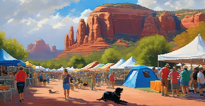A lively festival in Sedona with pets and their owners enjoying art and food stalls, with red rock formations in the background.