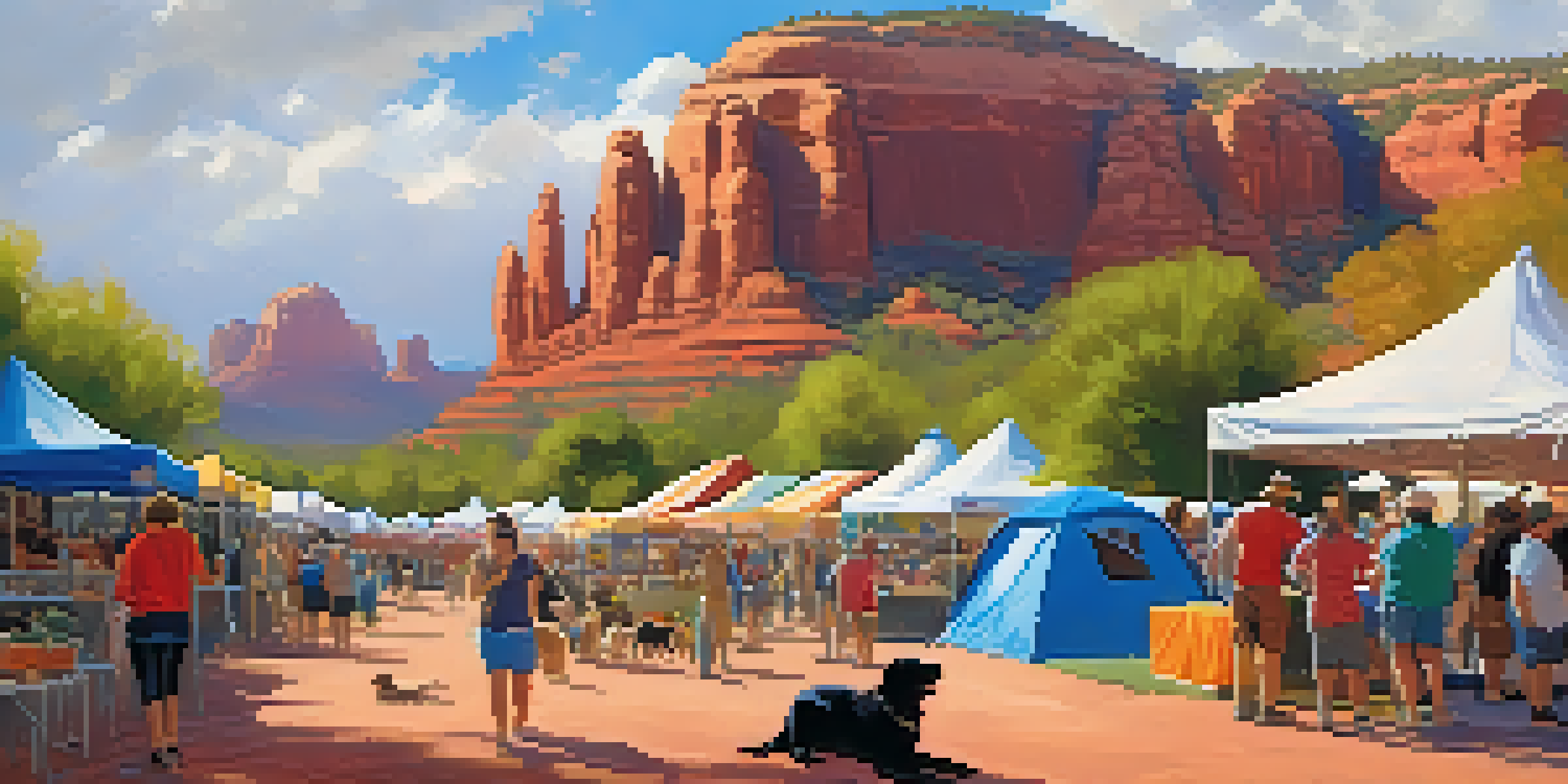 A lively festival in Sedona with pets and their owners enjoying art and food stalls, with red rock formations in the background.