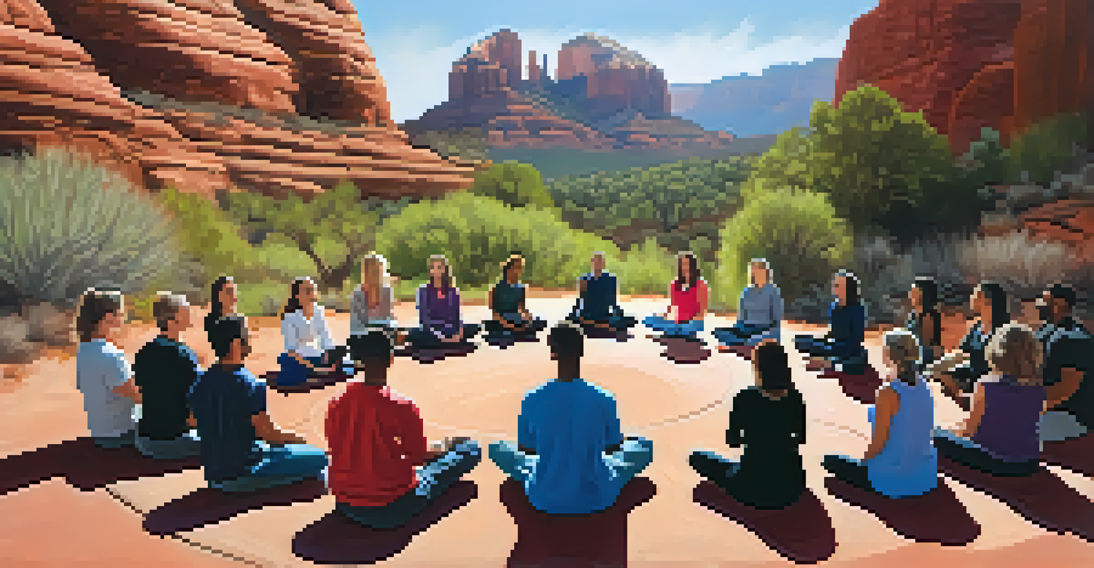 A group meditation session outdoors at SpiritQuest Retreats, surrounded by Sedona's red rock formations and clear blue sky.