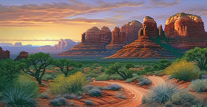 A scenic view of Sedona's red rocks during sunset, featuring a winding path and a historic Native American ruin surrounded by desert plants.