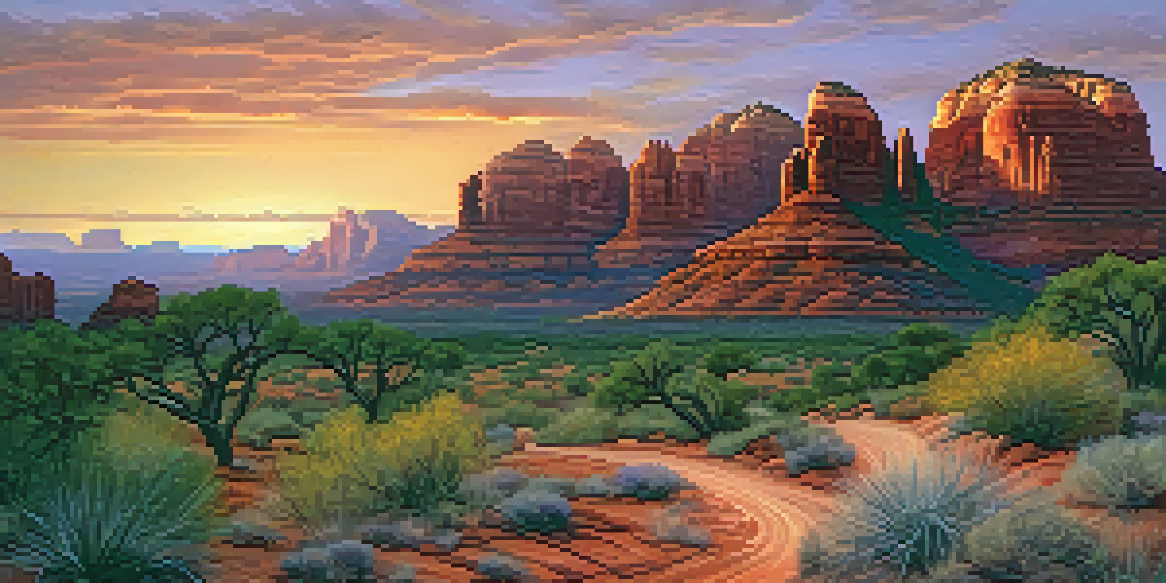 A scenic view of Sedona's red rocks during sunset, featuring a winding path and a historic Native American ruin surrounded by desert plants.
