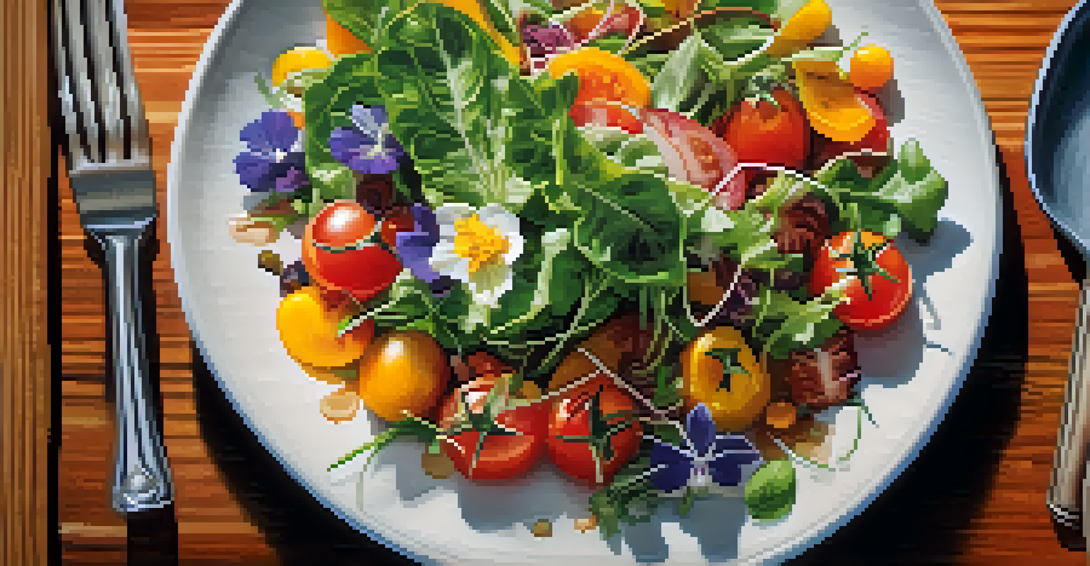 A close-up of a vibrant salad made with local ingredients, with a blurred kitchen background.
