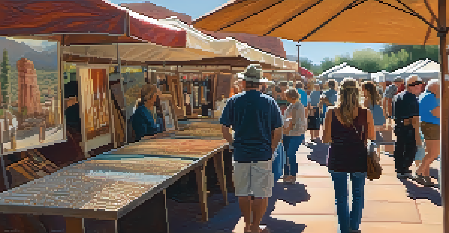 A visitor admiring handcrafted jewelry at Sedona's art fair, with busy booths and artists creating art in the background.
