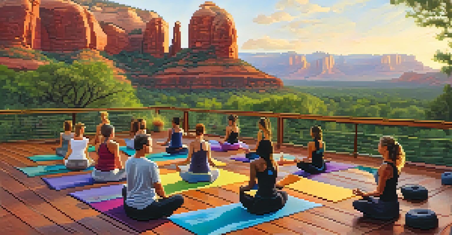 A group of people practicing yoga outdoors with a stunning view of Sedona's red rock formations in the background.