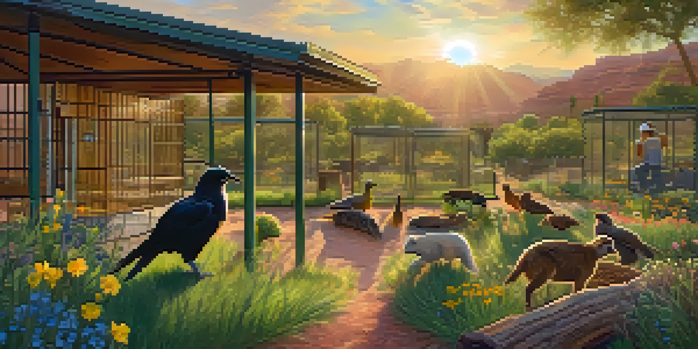 A volunteer at a wildlife rehabilitation center in Sedona feeding a small bird, surrounded by enclosures with rescued animals and a sunset in the background.