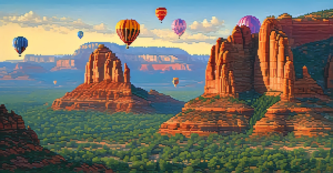 An aerial view of colorful hot air balloons floating over Sedona's red rock formations during sunrise, with warm hues in the sky.