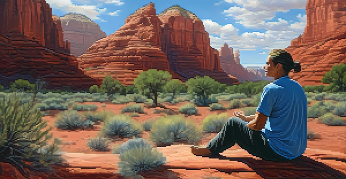 A person meditating on a red rock in Sedona, surrounded by stunning cliffs and clear blue skies.