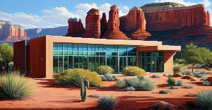 A Sedona landscape with red rock formations and a modern green building using rainwater harvesting, surrounded by desert plants.