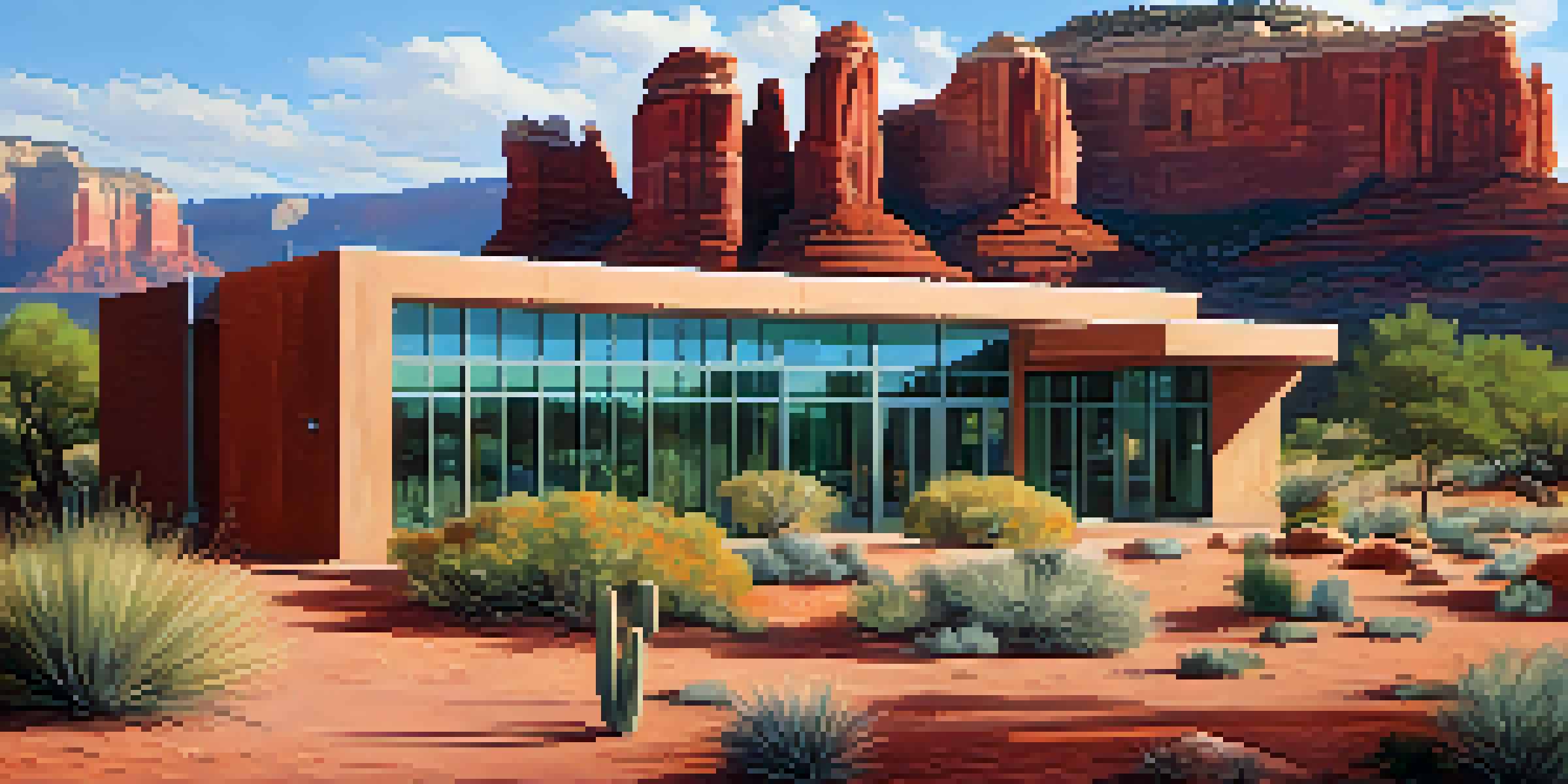 A Sedona landscape with red rock formations and a modern green building using rainwater harvesting, surrounded by desert plants.