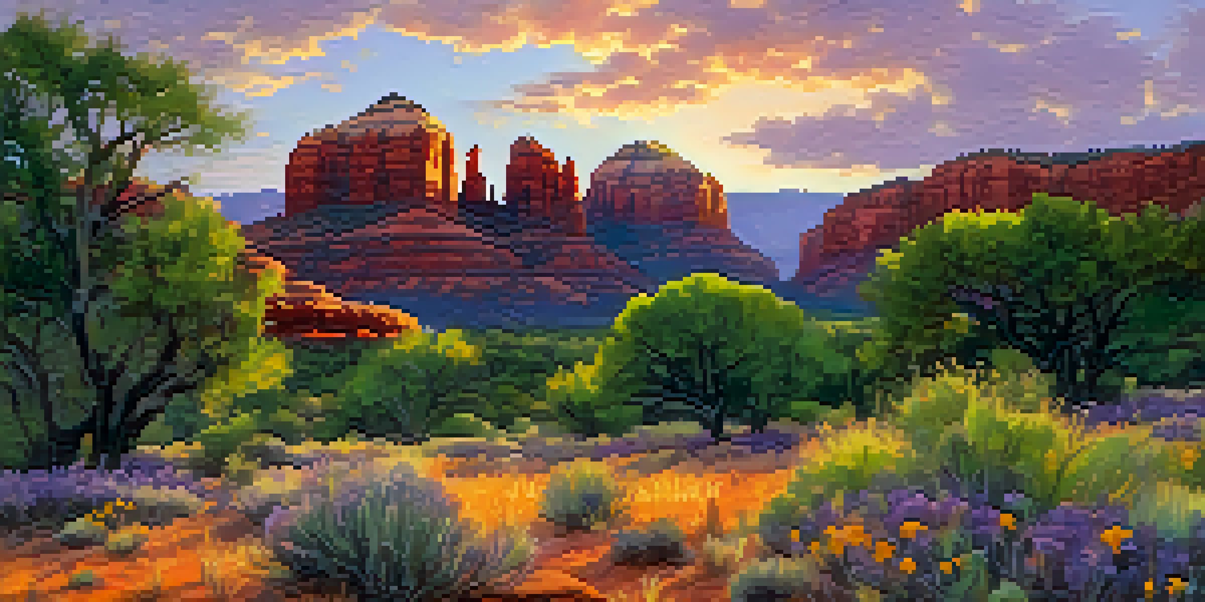 A panoramic view of Sedona's red rock formations at sunset, featuring vibrant sky colors and green wildflower-dotted landscape.