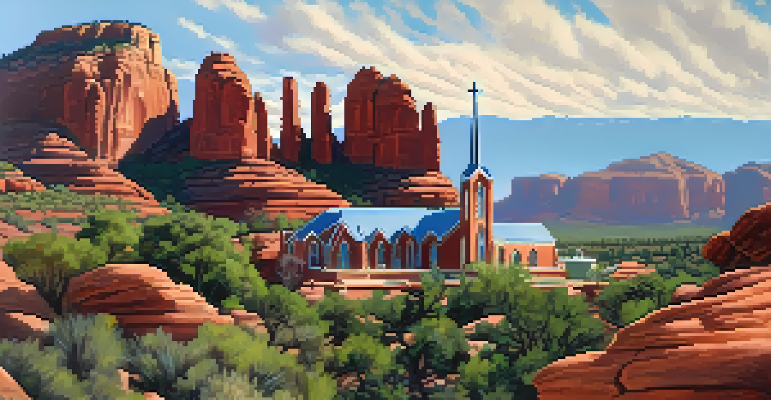 The Chapel of the Holy Cross in Sedona, surrounded by red rock formations and lush greenery under a clear blue sky.