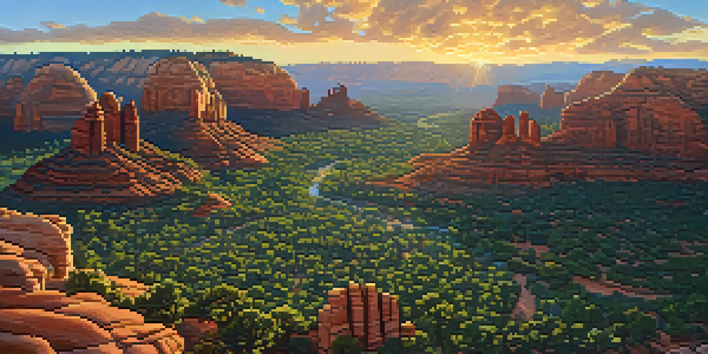 A colorful hot air balloon floats above Sedona's red rock formations during sunrise, with golden light illuminating the landscape and a clear blue sky in the background.