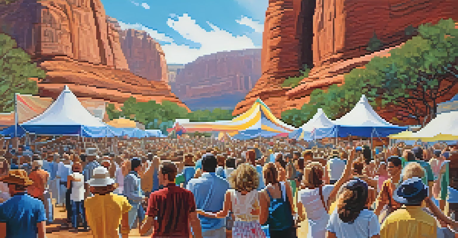 A lively outdoor music festival with a crowd enjoying performances, colorful tents, and red rock formations in the background.