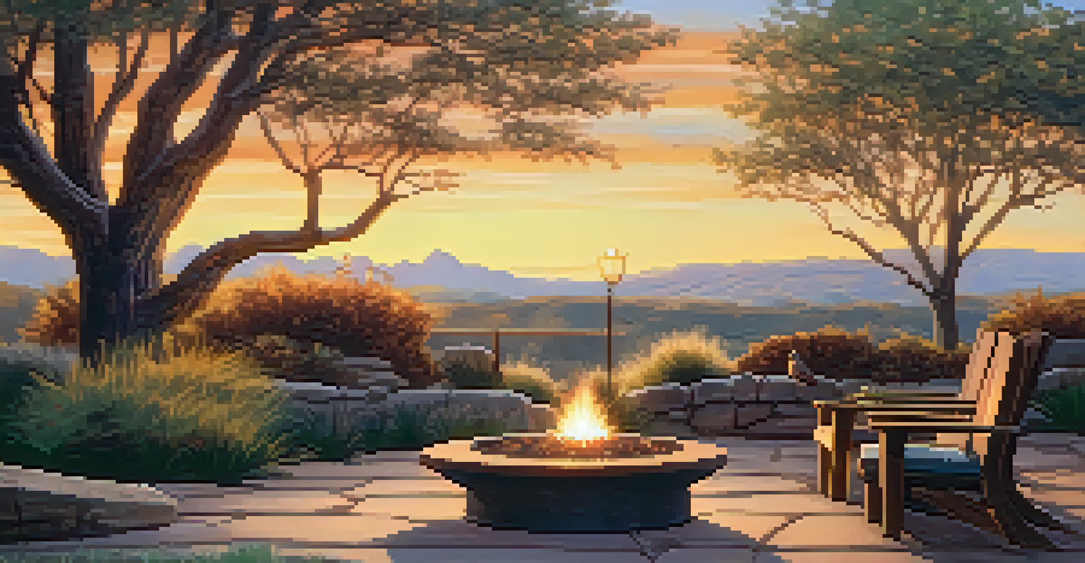 An outdoor seating area in a native landscape with stone pathways and sunset lighting.