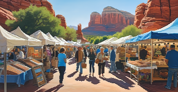 A lively outdoor market scene with colorful booths filled with pottery and jewelry, surrounded by red rock formations and a clear blue sky.