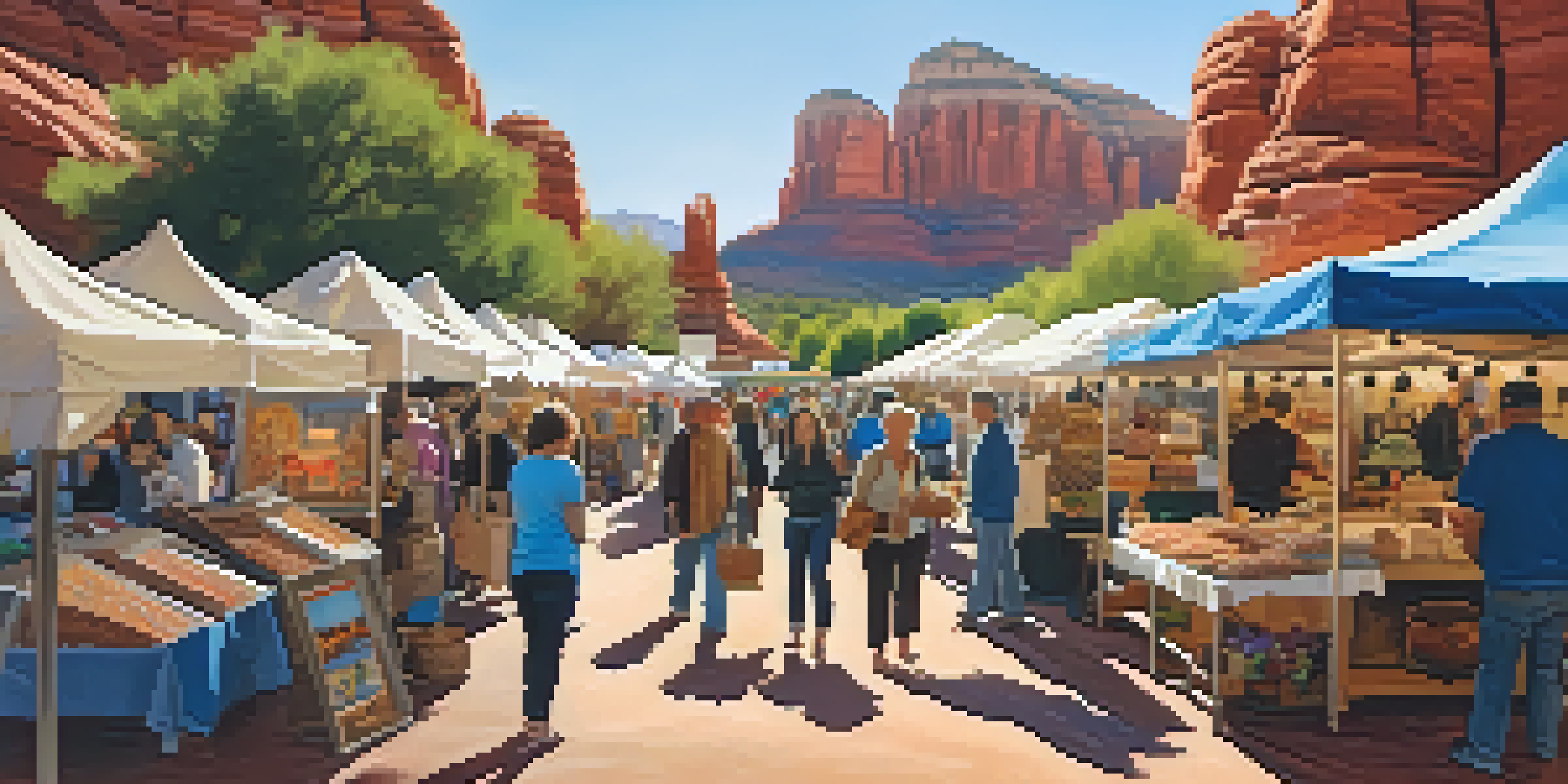 A lively outdoor market scene with colorful booths filled with pottery and jewelry, surrounded by red rock formations and a clear blue sky.