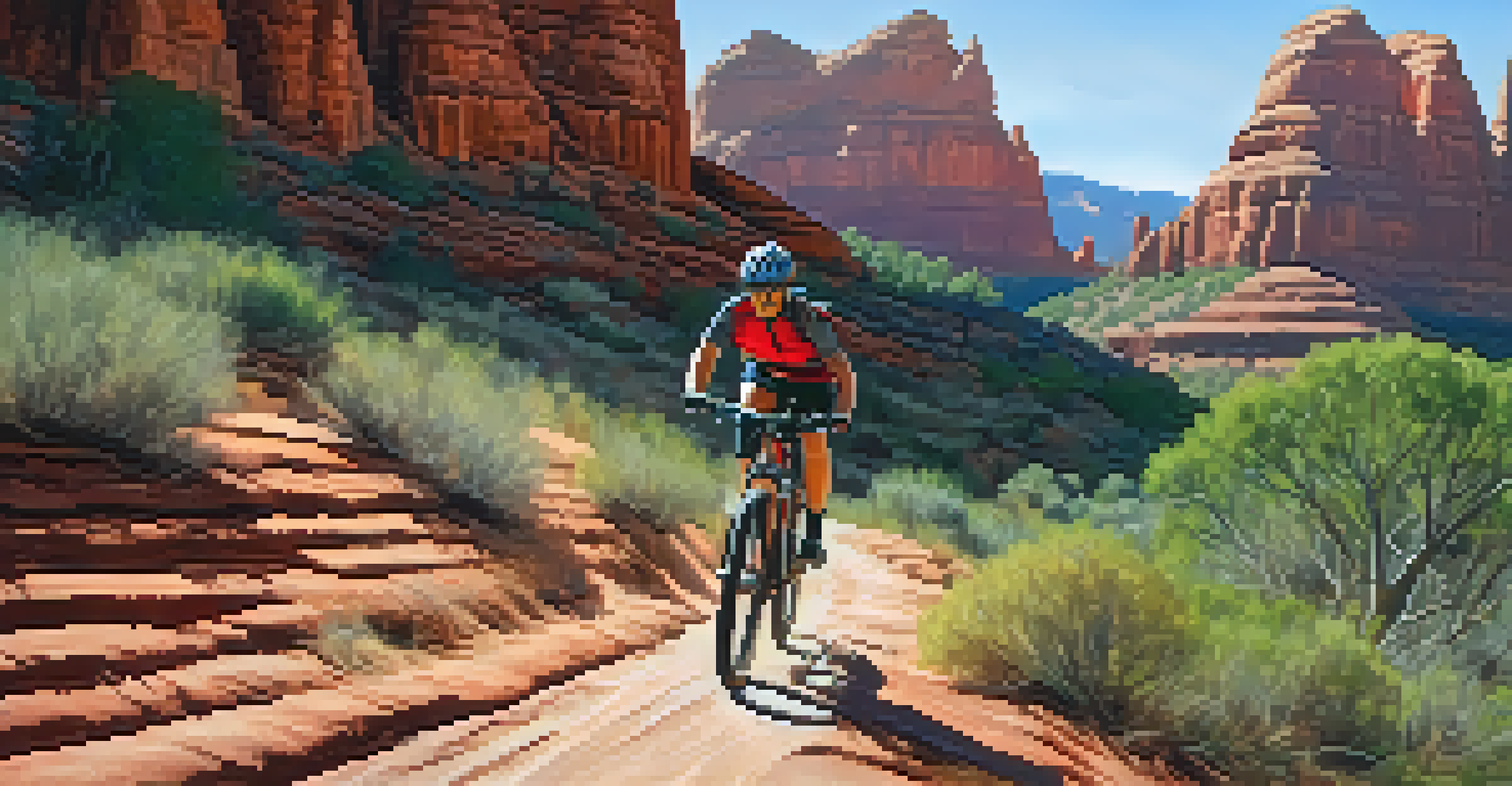 A mountain biker riding on the Little Horse Trail in Sedona, with red rocks and greenery surrounding the path.