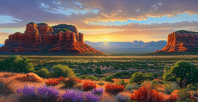 A panoramic view of Sedona's red rock formations at sunset, with warm colors and wildflowers in the foreground.